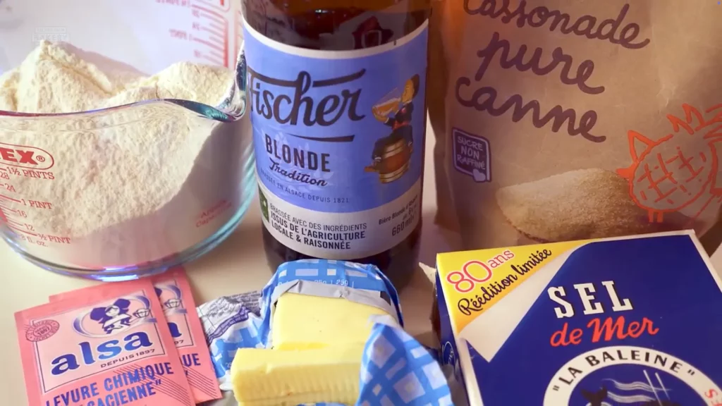 Ingrédients pour le cake à la bière : farine, sucre, levure, sel et bière blonde