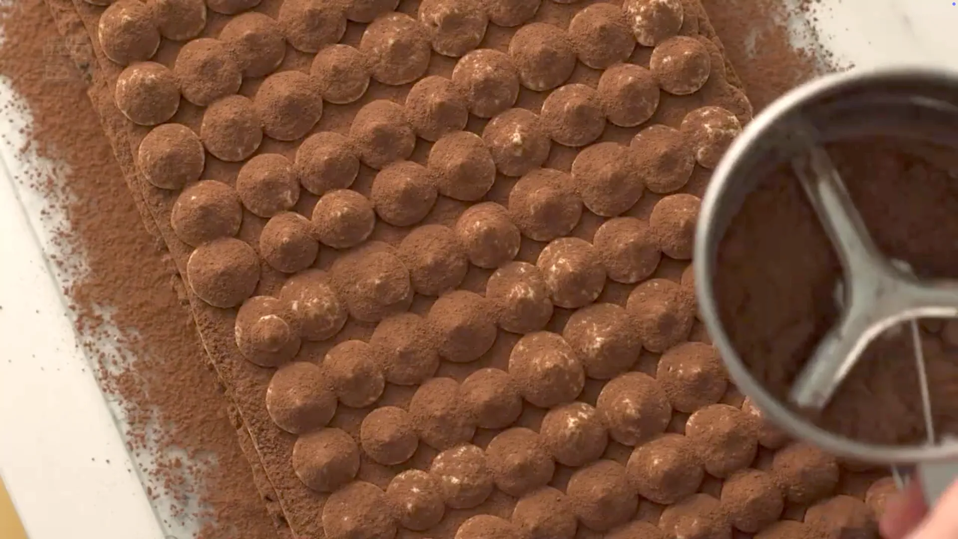 Gros plan sur la surface du tiramisu saupoudrée de cacao